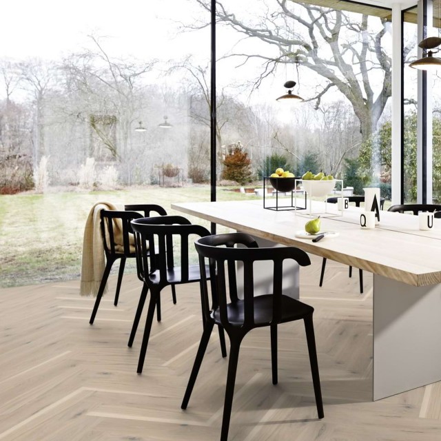 Hardwood Flooring BOEN Herringbone Click Oak Pale White Vivo Live Pure brushed