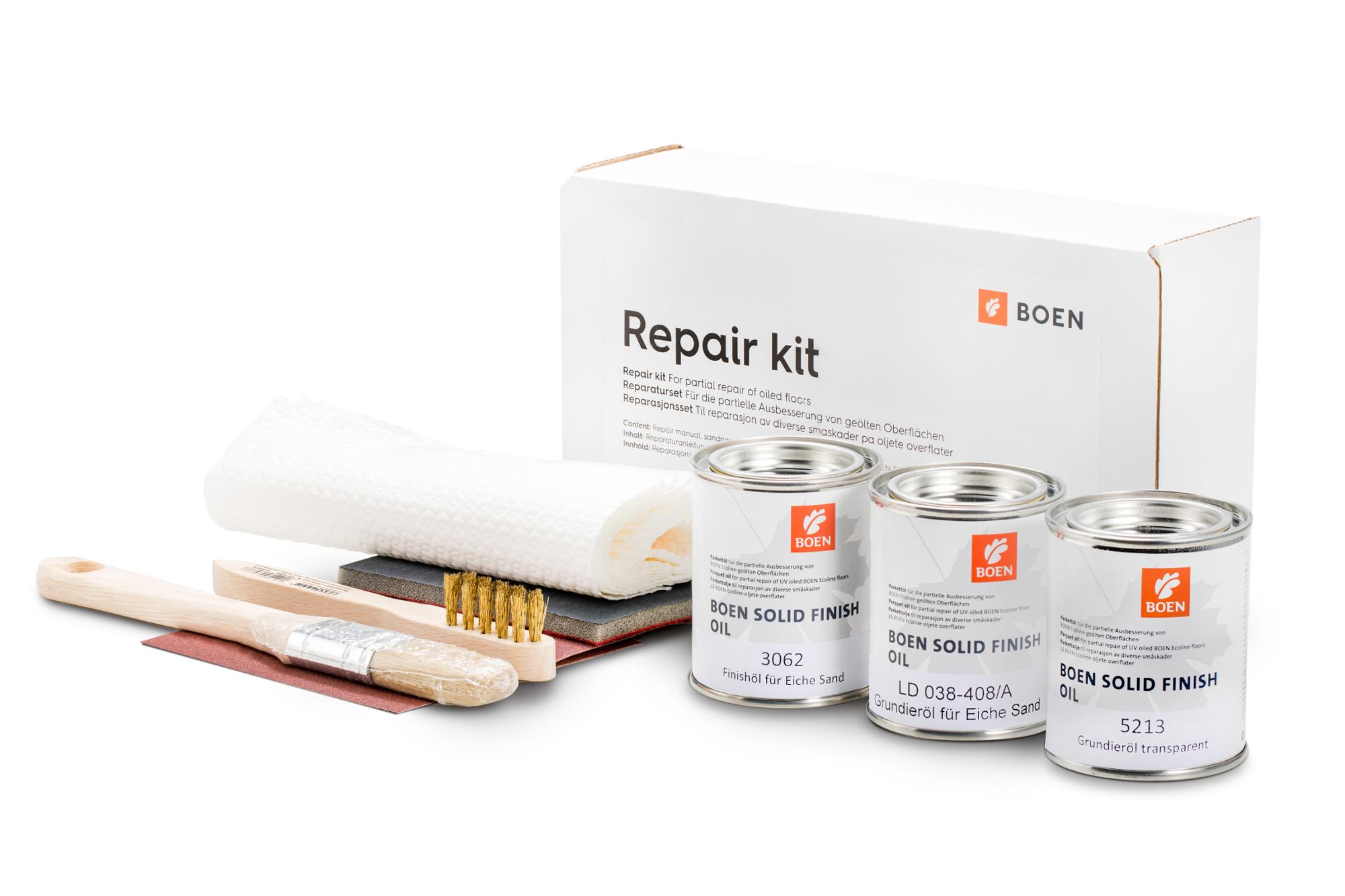 BOEN Repair kit for Oak Graphite For the partial repair of natural oiled surfaces. Content: Repair instruction, abrasive paper P 150, abrasive web P 360, 0,125 l BOEN Live Natural Oil, paint brush, cleaning cloths.