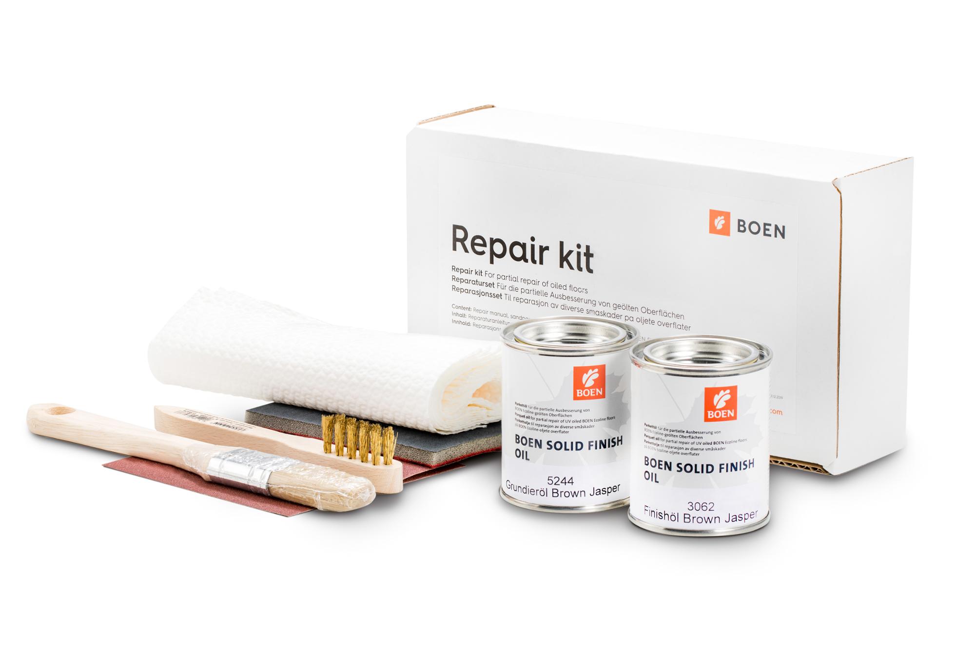 BOEN Repair kit for Oak Brown Jasper For the partial repair of natural oiled surfaces. Content: Repair instruction, abrasive paper P 150, abrasive web P 360, 0,125 l BOEN Live Natural Oil, paint brush, cleaning cloths.